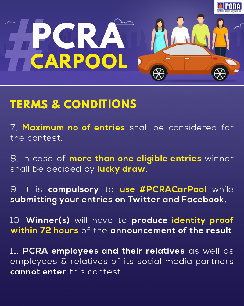 pcraindia's tweet photo. Your guide for participating in the #PCRAcarpool contest. Read the T&amp;C &amp; take part to win exciting prizes. Hurry!
T&amp;C: https://t.co/U6y7Z4MA4n
#ConserveFuture #PCRA #FridayThoughts #Carpool #ContestAlert #carpoolselfie #photooftheday  @Contest_Alert @Contest_in @ContestsInIndia https://t.co/sqQBv05Q0J