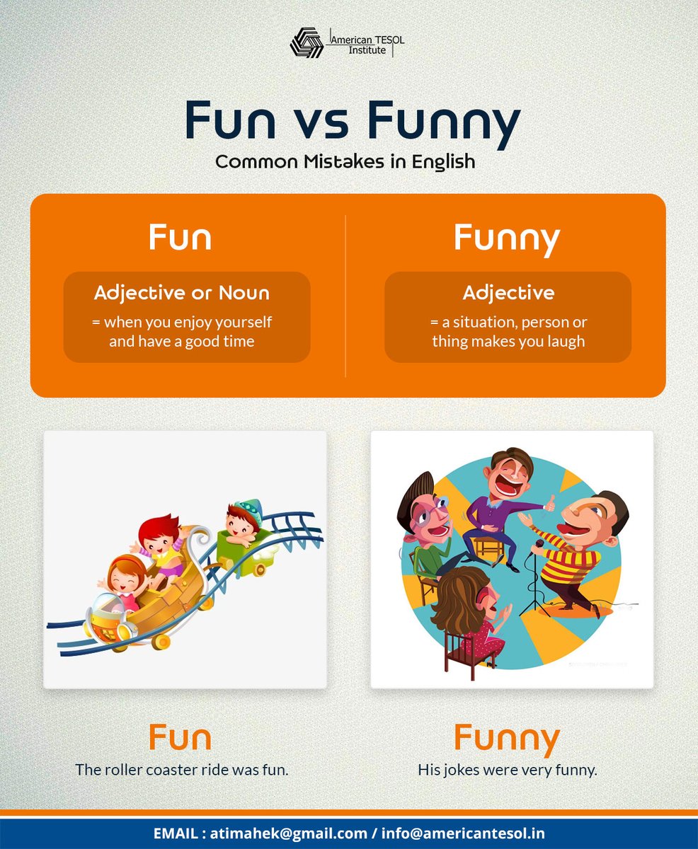 AmericanTESOL16's tweet photo. There are some words in #EnglishGrammar which are same types in pronunciation but the meaning are different.  We should be aware from these common mistakes in #English. 
Ex. Fun and Funny are these types of words.

#LearningEnglish https://t.co/7Ou2HnntK9