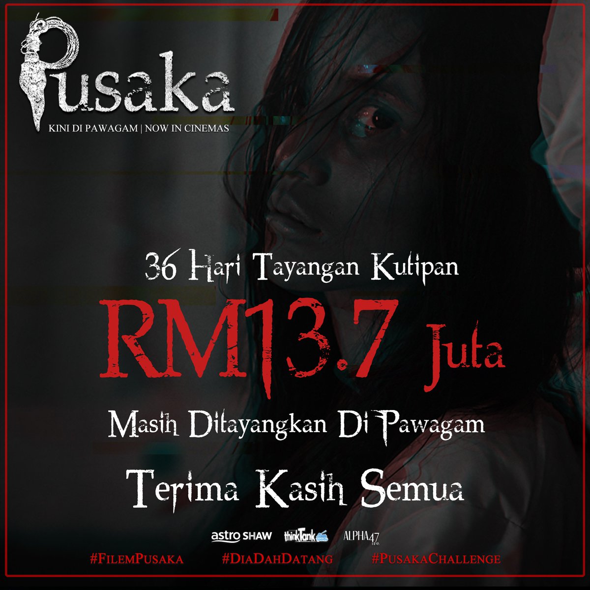 AstroShaw's tweet photo. RM 13.7 JUTA DALAM MASA 36 HARI TAYANGAN dan Masih ditayangkan di pawagam. 

Karya terbaru Penerbit dan Pengarah filem Pusaka, Astro Shaw &amp; Razaisyam,  “SEMBILAN”. 

Muat turun secara PERCUMA aplikasi Astro GO di Apple Store atau App Store. 

#PUSAKA 
#FilemPusaka 
#Sembil9n https://t.co/qY3Y1dXjcx