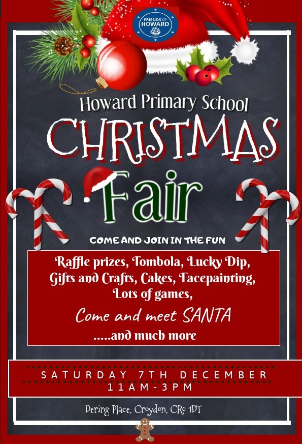 FriendsofHoward's tweet photo. Come along to Howard Primary School's Christmas Fair Tomorrow, Saturday 7th December 11-3pm. 

Lot's to do, and fun to be had. https://t.co/3um0TD0W7X