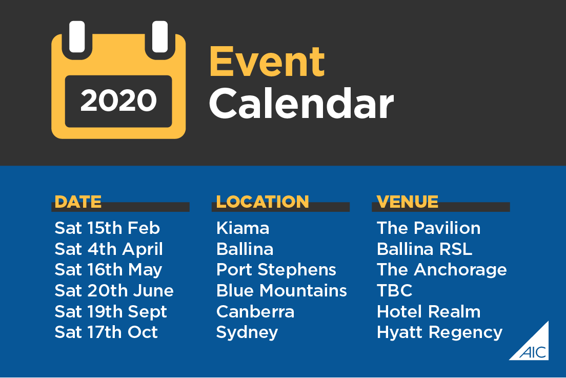 AICNSW's tweet photo. #DatesForTheDiary 
To assist with your CPD and Education planning the AICNSW 2020 Education Events are scheduled for the following dates. Keynote speakers including @mick_mooney, David Burfoot and @PetaStewartCPC https://t.co/YhUDjS8urG