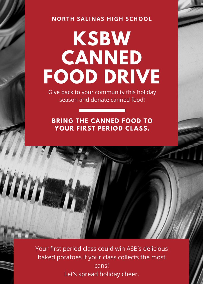 nshsinteract_'s tweet image. Give back this holiday season and donate to the KSBW Canned Food Drive! Bring donations to your first period teacher all throughout next week.