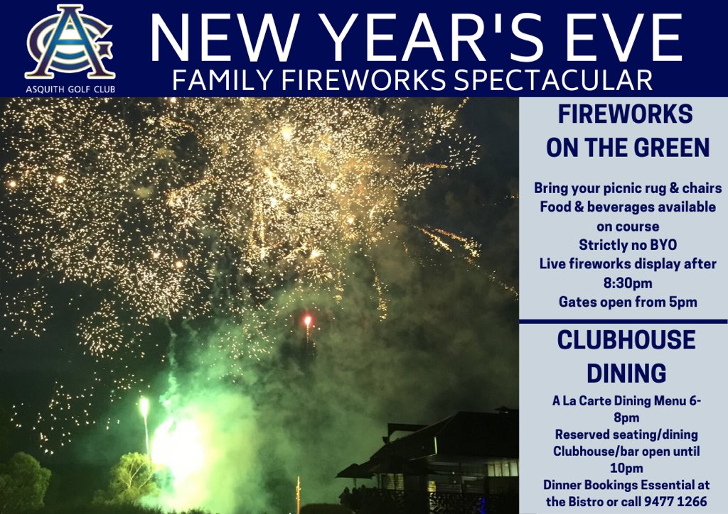 AsquithGolfClub's tweet photo. Introducing our annual fireworks spectacular. Bring in the new year with family and friends whilst enjoying a fireworks display on the greens of Asquith Golf Club. https://t.co/eKh1JVMx03