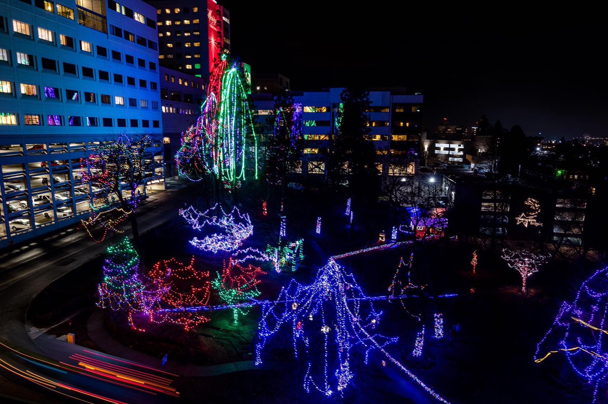 AvistaUtilities's tweet photo. The young patients and families at Sacred Heart Children's Hospital are enjoying a lighted Cowley Park this holiday season. Avista crews teamed up with @Mark4NewsNow, @ExtremeTeamKXLY, and @kxly4news to string the lights in the tall, hard-to-reach trees. @providence_phc https://t.co/odxoPGUoGD