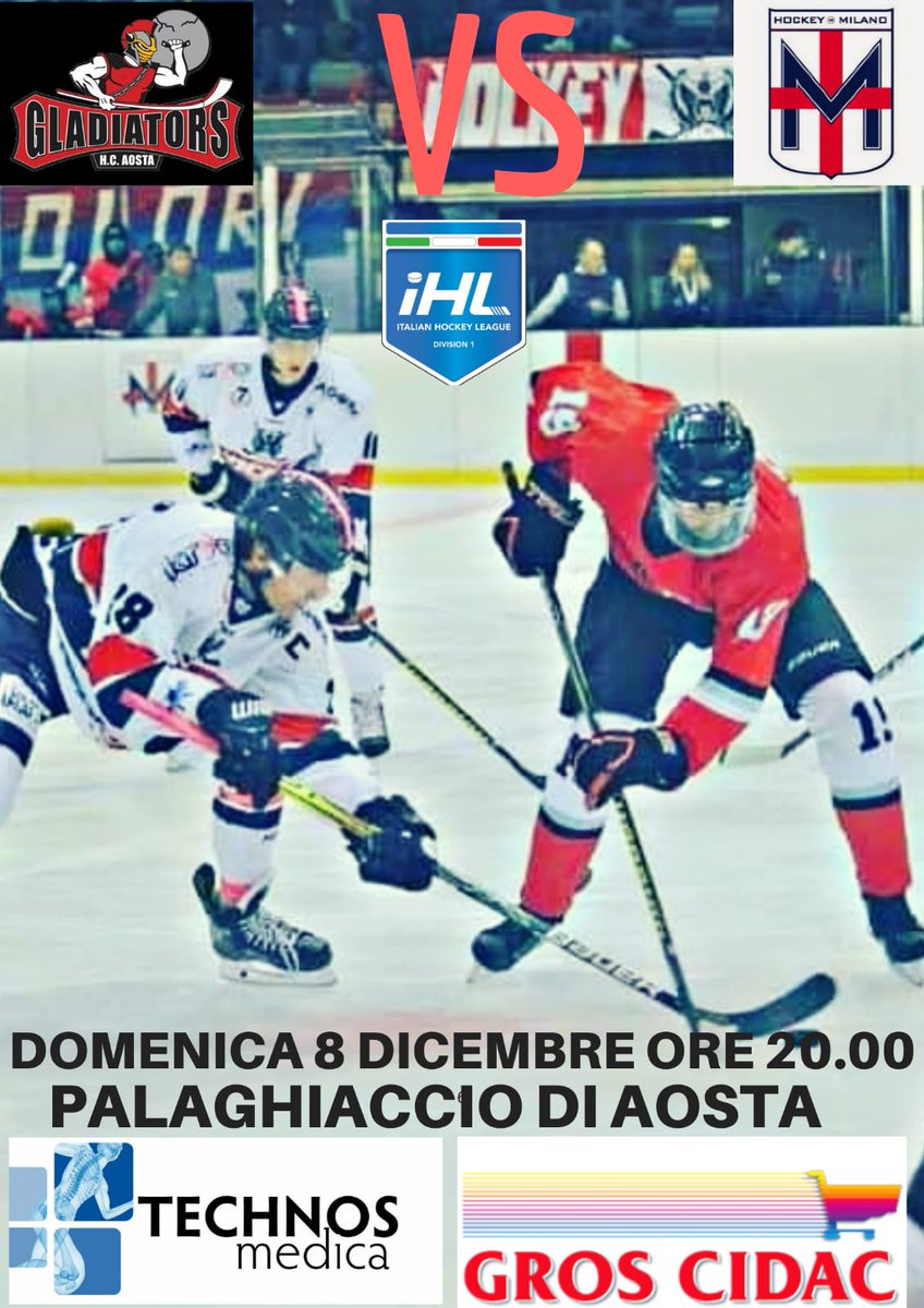 hcgladiators's tweet photo. Domenica nuovo appuntamento vs @HMilanoRB con grande festa sugli spalti della Patinoire #aosta #hockey #sport #valledaosta https://t.co/LJEwq7ULnB