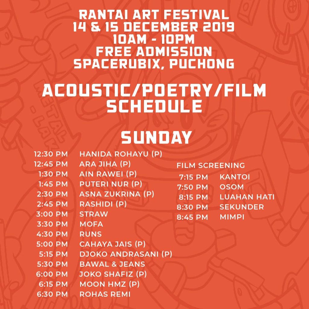 RANTAI ART FESTIVAL 2019

Full schedule. Film screening, poetry, music performances feat. <a href="/adamzainaal/">adam zainal</a> <a href="/CechAdrea/">cechadrea</a> <a href="/HelpZhafir/">Raja Zhafir</a> @Jokoshfz <a href="/PastelLite/">Pastellite</a> <a href="/Reinboband/">Reinbō</a> <a href="/ffkofficial/">Faris Fuad & Konfederates</a>  <a href="/vivalalimin/">Limin</a> <a href="/PascaSiniMY/">PASCA SINI</a> <a href="/servantsmy/">S E R V A N T S</a> <a href="/MargosaMusic/">𝐌 𝐀 𝐑 𝐆 𝐎 𝐒 𝐀</a> <a href="/heavsidekl/">NEW EP OUT NOW !</a> <a href="/sweetassrecords/">sweetass</a> <a href="/playburst/">PLAYBURST</a> &amp; etc! #RAF19