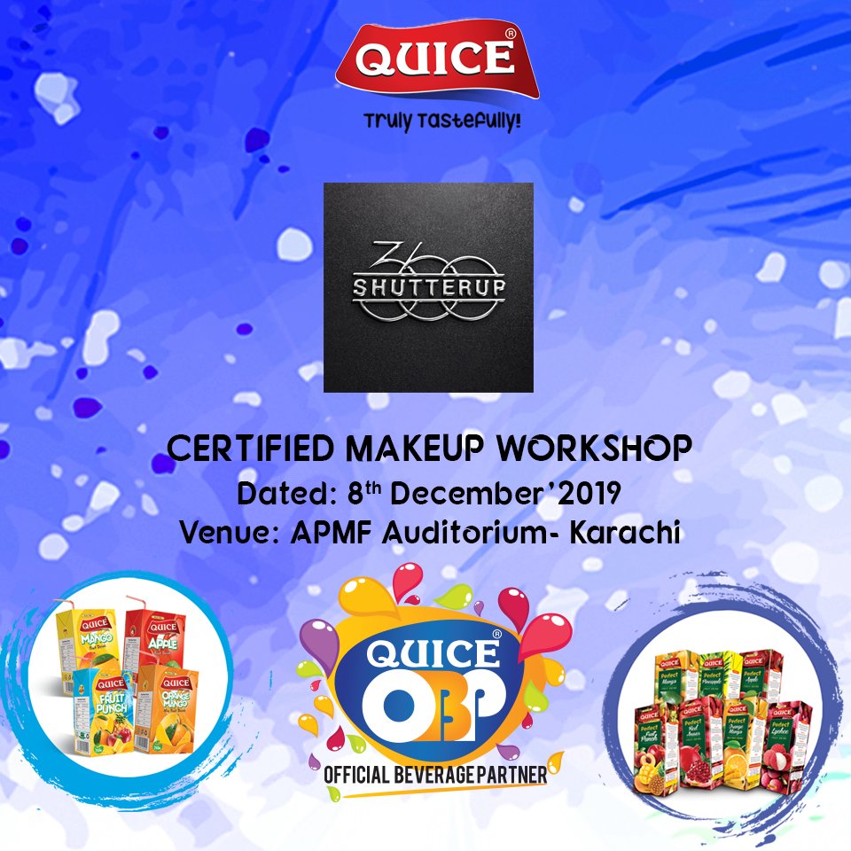QuiceFood's tweet photo. Quice Proudly Announce as for being Official Beverage Partner (OBP) of the event i.e. MAKEUP WORKSHOP (A Certified One Day Session) being organized by ShutterUp360 to be held at APMF (All Pakistan Memon Foundation Auditorium), Karachi on Dt/: 8th December''2019... https://t.co/EsCOnGMJhU