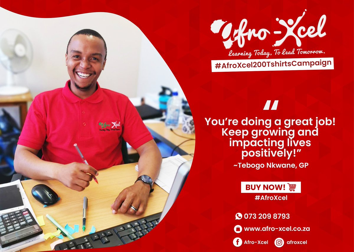 AfroXcel's tweet photo. Remember you can still do the same by following the link below or contact using the details on the poster.
https://t.co/bew6Mn72RT
#AfroXcel200TshirtsCampaign #LearningTodayToLeadTomorrow #AfroXcelFriday https://t.co/xM3xDgsl5Y