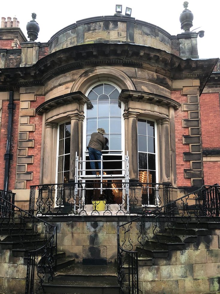 Pleasure to be carrying out repairs to one of the two very pleasing curved Venetian windows to The Back Front <a href="/Wentworth_House/">Wentworth Woodhouse</a> Constructed around 1727 from finely carved local sandstone they are enhanced by the most refined &amp; slender glazing bars possible to produce immense skill