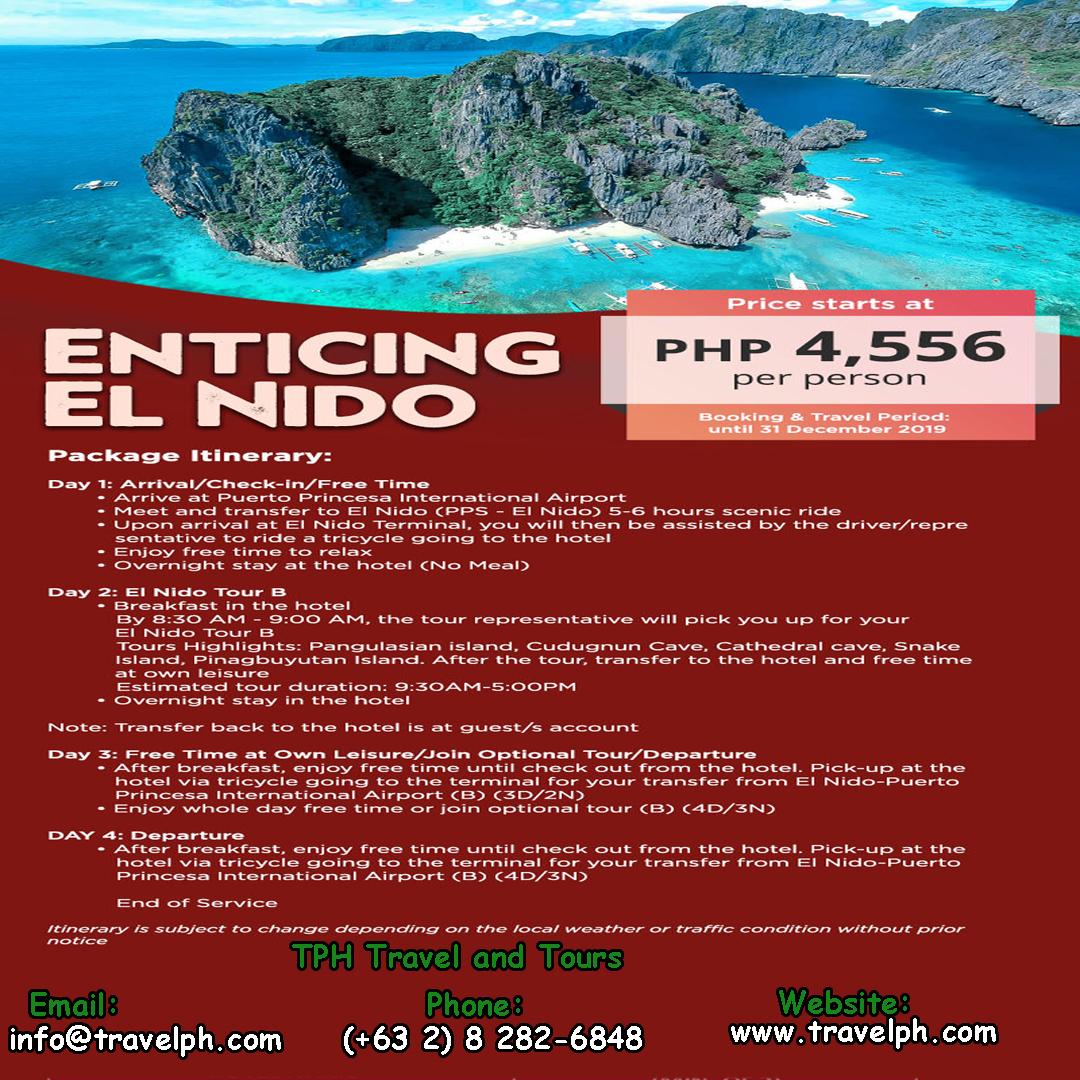 TravelPH9's tweet photo. 4 DAYS ENTICING EL NIDO TOUR
Minimum of 2 persons

For more inquiries please call:
Landline: (+63 2) 8 282-6848
Mobile: (+63) 918-238-9506
or Email us: info@travelph.com
#Palawan
#Philippines
#TravelPH
#TravelWithNoWorries https://t.co/2duZTvqNpD