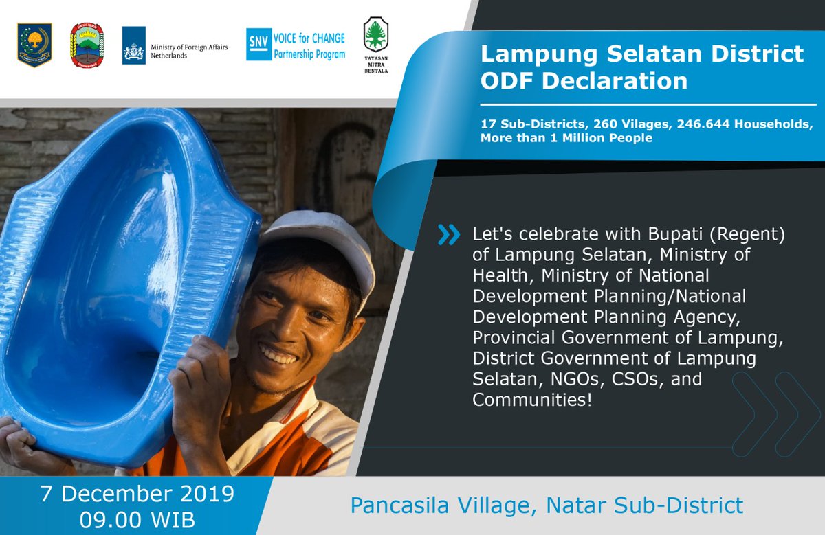 SNV's #V4CP and @BentalaMitra are so pleased to announce that South #Lampung District finally achieves District #ODF. Join our celebration tomorrow with the Regent (Bupati) of South Lampung, <a href="/KemenkesRI/">Kementerian Kesehatan RI</a> <a href="/BappenasRI/">Kementerian PPN/Bappenas</a> #CSOs and communities! #SGD6