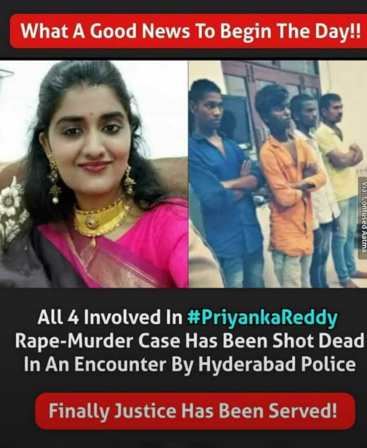 Manish_goyal06's tweet photo. Great work #hyderabadpolice we salute you......

All 4 accused of #PriyankaReddy rape case shot dead.👮🏻‍♂️ https://t.co/cki5MTXerg