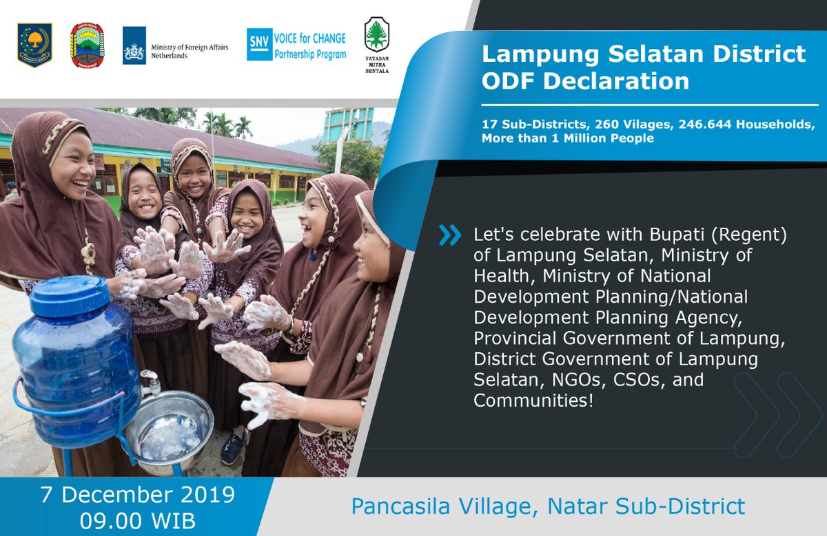 SNVIndonesia's tweet photo. Over the past 4 years, SNV's #V4CP and @BentalaMitra work together with the Government of South Lampung. We're happy to share that South Lampung is finally District #ODF, impacting more than 1 Million People! Join us tomorrow! https://t.co/DPdwCQ7Rpv