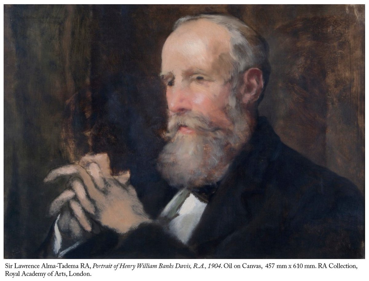 An oil painting of an elderly white man with a full beard and moustache, with his hands clasped in front of him. The fingers look unnatural.