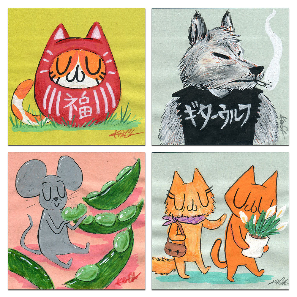 KevMakesThings's tweet photo. Here are my pieces for #PostItShow2019 at @giant_robot! Opens this Saturday, Dec 7th at 2pm, there will be over 3000's of pieces from over 300 artists, all priced at $25! #DarumaCat #GuitarWolf #Edamame #PeaceLilly #PostItShow #PostItShow15 #GiantRobot #GiantRobotStore #GR2 https://t.co/rTfkUFLDeg