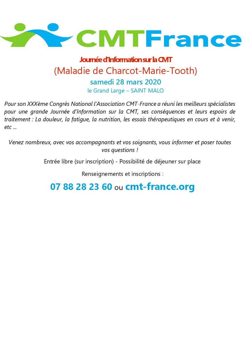 SVersigny's tweet photo. Le prochain congrès CMT-France en 2020 sera le 30e et marquera les 30 ans de l’Association ! Il aura lieu le samedi 28 mars à St-Malo, réservez cette date !
#cmtfrance #maladiedecharcotmarietooth #telethon2020 #maladierare #saintmalo #grandlarge https://t.co/6QlaOy5x8l