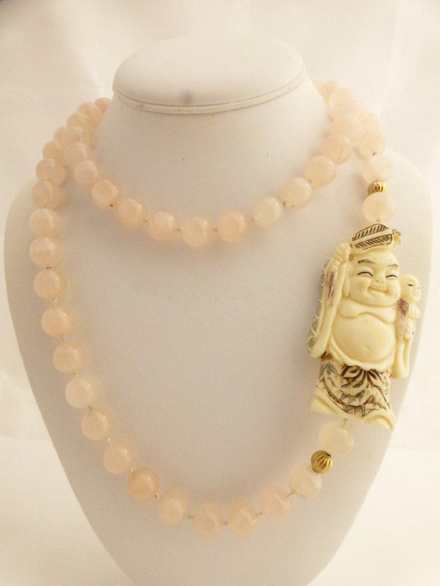 Rose Quartz Hand Knotted Necklace W/Hand Carved Happy Buddha Pendant etsy.me/2iQuibz #vintagejewelry #GliterzbySal #GotVintage #CarvedBead