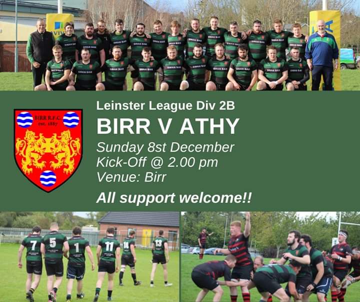 BirrRugby's tweet photo. Our senior men take on @AthyRFC at home this Sunday @ 2pm in the last Leinster League match before Christmas.
All support welcome!!
@LeinsterBranch @Midlands_Rugby
#birr #offaly #Div2B https://t.co/npThopCWP3