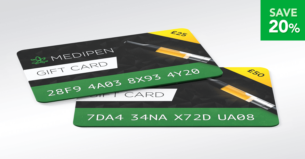 MediPen's tweet photo. Give the gift of CBD this year with our brand new MediPen® Gift Cards! The perfect Christmas gift idea for your friends and family, now available for Express delivery in £25, £50 and £75. Save 20% this week only using code 'GIFT20' 🎁 https://t.co/scR2eOP8I0 #CBD #Cannabinoids https://t.co/sUHN1kkwhT