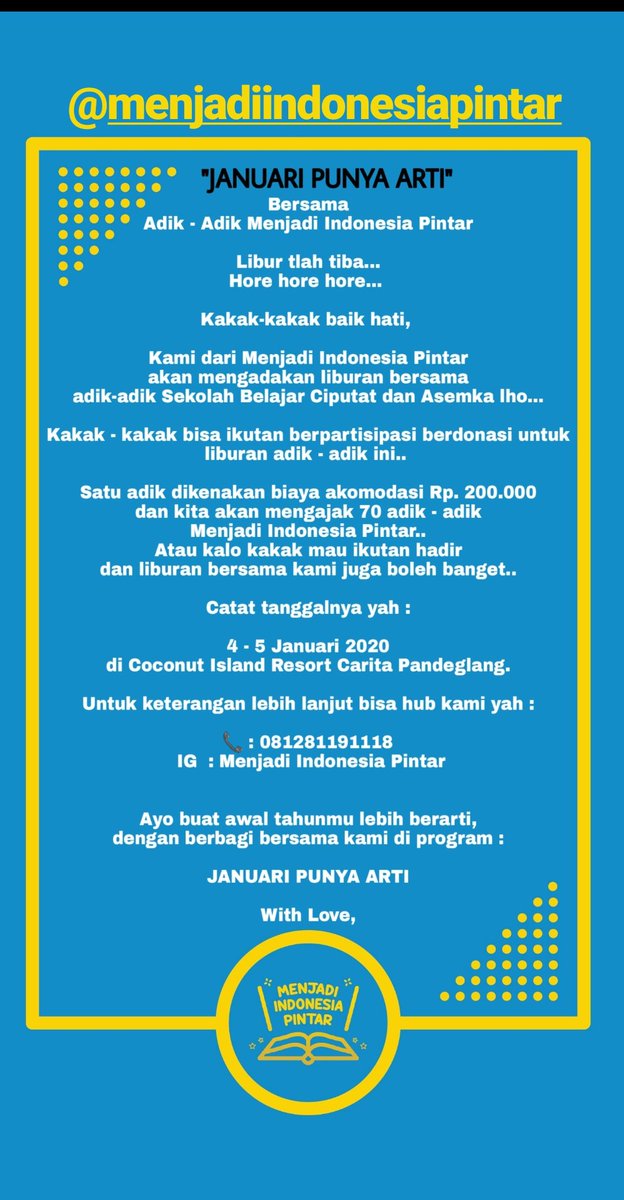 #twitterdoyourmagic 😜😜
Yuk, ikut patungan sama aku buat liburan anak - anak asuh #Menjadiindonesiapintar 🤗 #sharingiscaring