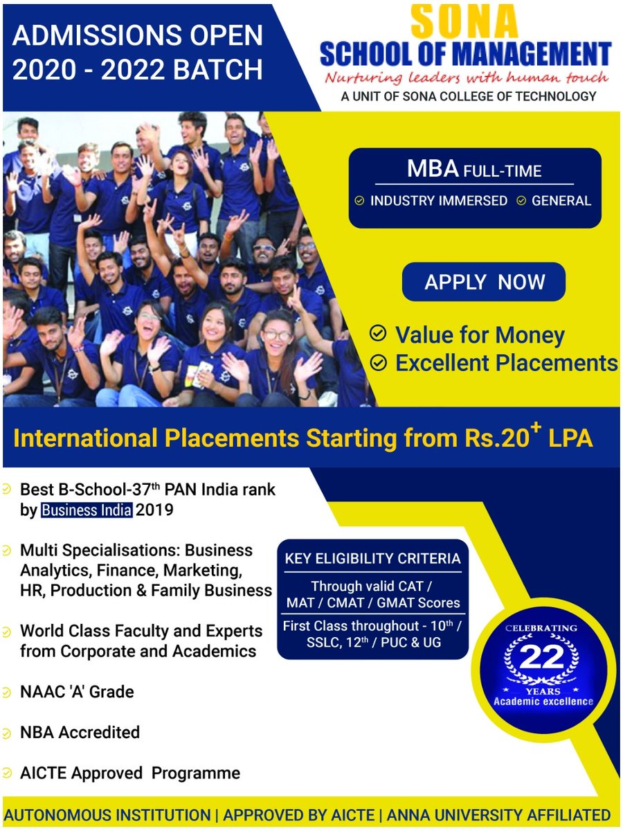 sonacollege's tweet photo. MBA Admissions Open 2020. #bschool #mba #sonatech #studyinindia #studyatsona #sonamba #topmbacollege #topbschool #studymba #mbastudy #sonacollege #mbacollege #sonaschoolofmanagement #studyfinance #studymarketing #studyhumanresources #studybusiness #businessanalytics https://t.co/6kvKSFwZog