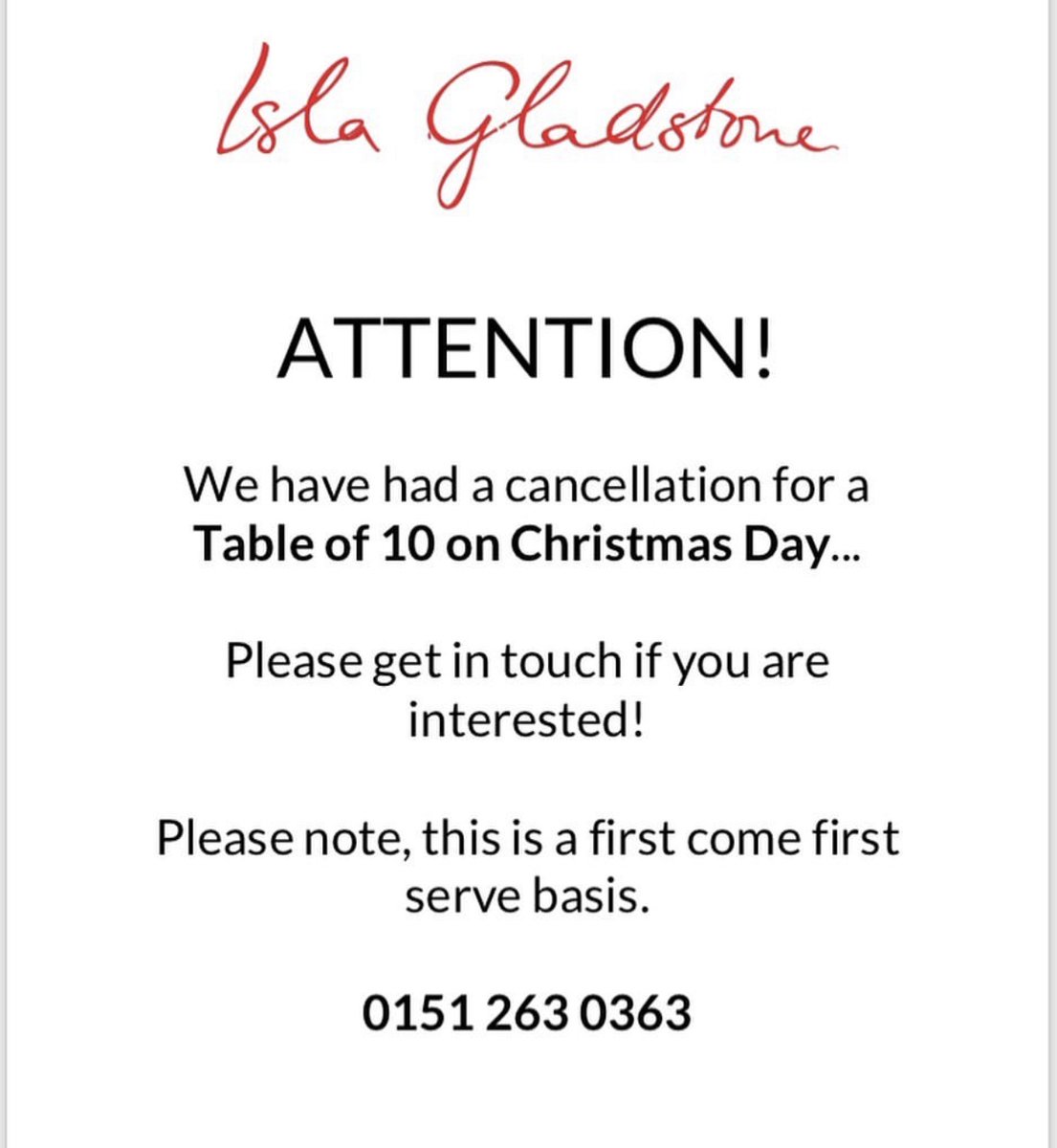 We have had a cancellation for a Table of 10 on Christmas Day ! Please contact the events team on 0151 263 0363 if interested #christmasday #theislagladstone #stanleypark