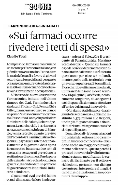 FarmindustriaTW's tweet photo. Oggi sul @sole24ore un articolo, con le dichiarazioni del Presidente @massimoscaccab1, sull’incontro, nell’ambito dell’Osservatorio Farmaceutico, tra #Farmindustria e Organizzazioni Sindacali @filctemcgil
@femcaCISL @uiltecnazionale https://t.co/qyNq7UU4B5