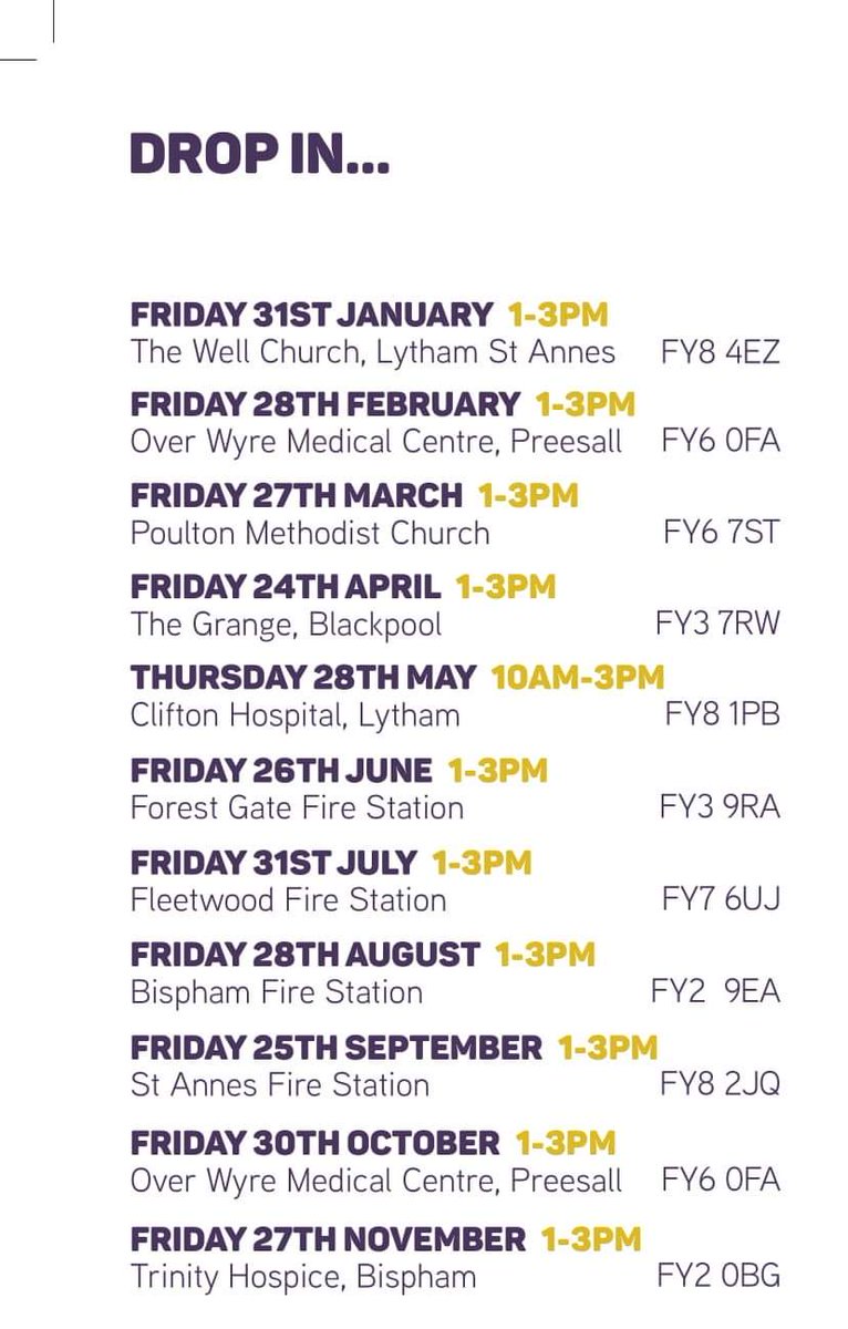 Fylde Coast Dementia Drop In dates for 2020