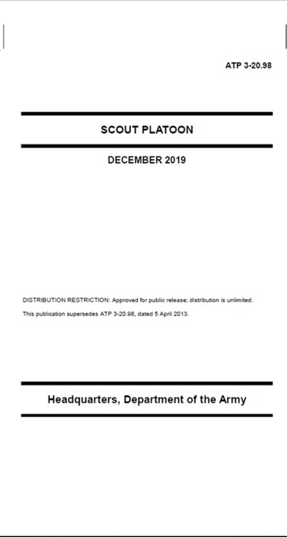 MastersManeuver's tweet photo. New ATP 3-20.98 Scout Platoon is available on Army Publishing Directorate on 04 DEC 2019. https://t.co/7pxS5Tli9s It provides combined arms tactics that scout platoons use to conduct
reconnaissance and security missions, which authoritative will require judgment in application. https://t.co/jtghCCnTWU