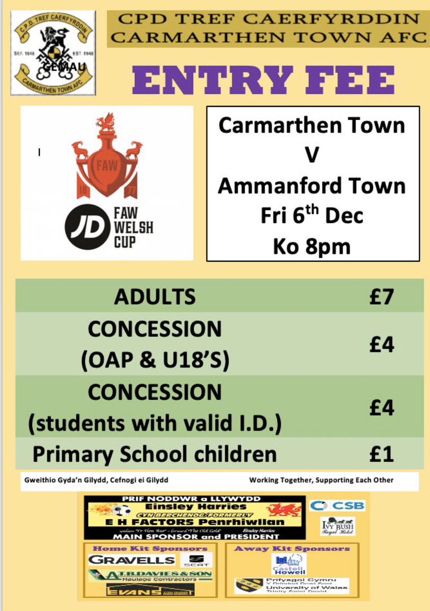 CarmarthenAFC's tweet photo. GAME DAY 

🆚 @AFCAmmanford 
📅 Fri 6th December
⏱ 8pm ko
🏟 Richmond Park
🏆 Welsh Cup Round 3
🎥 @sgorio live on @S4C 

🍔🍟 @caffirhenaur open at 6pm
🍺🍷 @CTFCfacilities Bar open at 6pm 

@GravellsMotors 
@clayshawbutler 
@castellhowell https://t.co/3MfG2L9PkO
