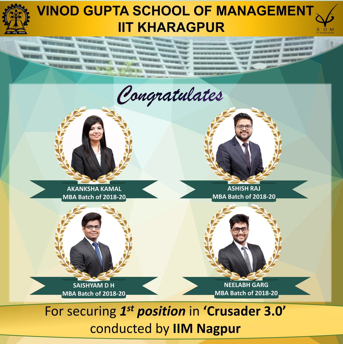 VGSOM_IIT_Kgp's tweet photo. @VGSOM_IIT_Kgp congratulates Akanksha Kamal, Ashish Raj, Neelabh Garg and Saishyam DH for emerging as the #National Winners of Crusader 3.0, a #marketing case study #competition organized by @iimnofficial
@IITKgp
#CelebratingAchievers #HomeVGSoM #MBA #IITKharagpur https://t.co/7kv6UTC8Pg