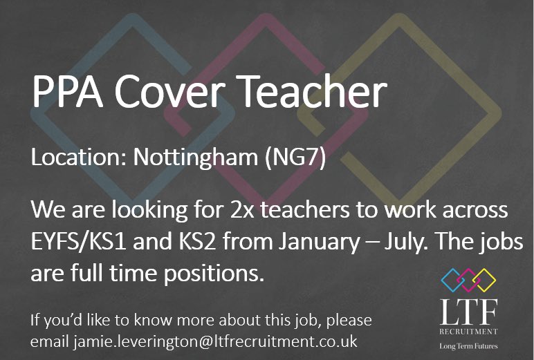 **Vacancy**

- 2 x PPA Teachers (1 EYFS/KS1 & 1 KS2) 👩‍🏫 👨‍🏫 
- Jan to July (Full time) 📆 
- £600-750 per week 💷

👨‍💻 Email CVs to Jamie.leverington@ltfrecruitment.co.uk 👨‍💻

•
•
•
#edutwitter #primaryschool #eyfsteacher #ks1teacher #ks2teacher #newjob