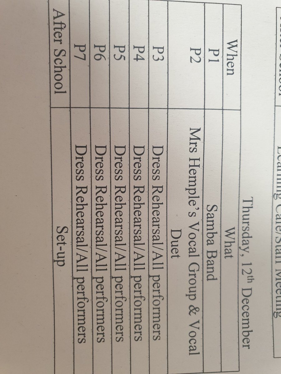 Please check rehearsal times for the concert next week.  Any problems please see your group leader.