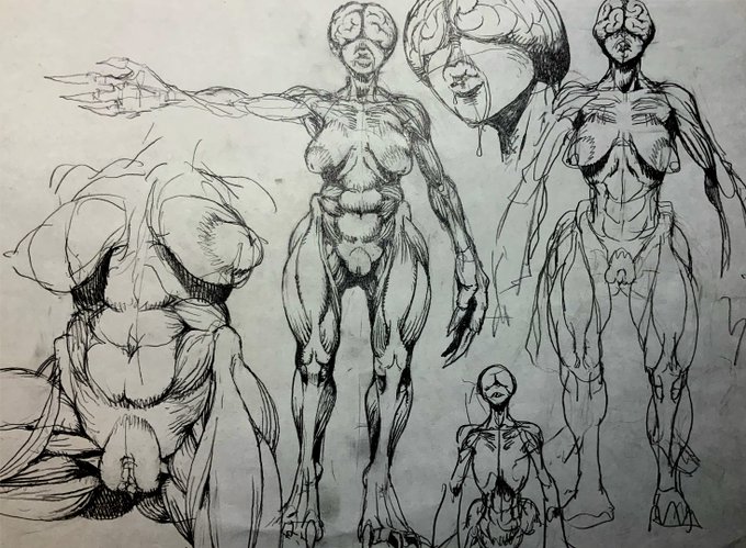 今回の作画のために作ったスケッチ。作中では一度も直立しないので今見ると何か新鮮。写真のコントラスト弄ったらかなり怖い画面に… 