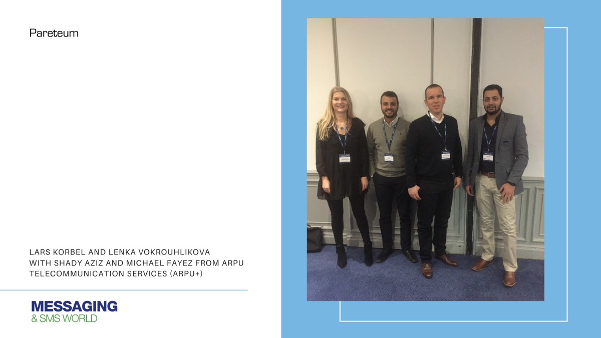 Pareteum1's tweet photo. Lars Korbel and Lenka Vokrouhlikova with Shady Aziz and Michael Fayez from @ArpuPlus at the #Messaging & #SMS World event.
@capacitymedia
@Pareteum1
#CapacityEurope2019 #MVN #MVNE #MVNO #MNO #MVNES #SIM #OptimizeAllTheThings #eSIM #IoT #M2M #Blockchain #Roaming #Connectivity https://t.co/qHNILa9D0D