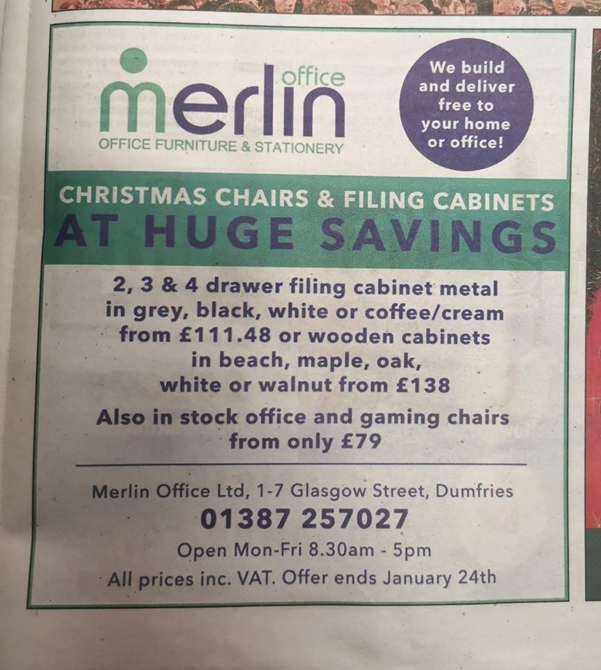 MerlinOfficeLtd's tweet photo. Have you seen Dumfries Courier today? 
Merlin Office is getting into the Christmas spirit with some big savings on furniture. https://t.co/IPKa7ZZUeL