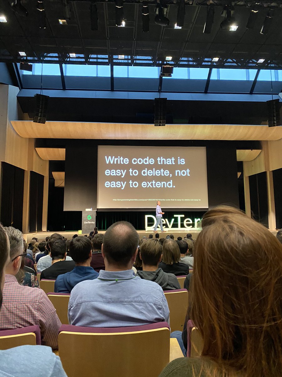 Thomasbcamara's tweet photo. “Write code that is easy to delete, not easy do extend” ... it  reminds me of people asking for “scalability” #devternity https://t.co/QU1CgKWGEO