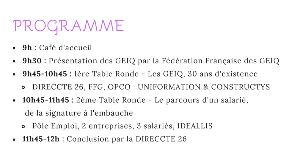 Plateformemploi's tweet photo. @Plateformemploi organise une rencontre professionnelle "à la découverte des GEIQ" : 13/12, 9h-12h à @btp0726
Découverte des offres de parcours des Groupements d'Employeurs pour l'Insertion et la Qualification
@FFGeiq
https://t.co/eu20wCPJdU https://t.co/fXPym8fX16