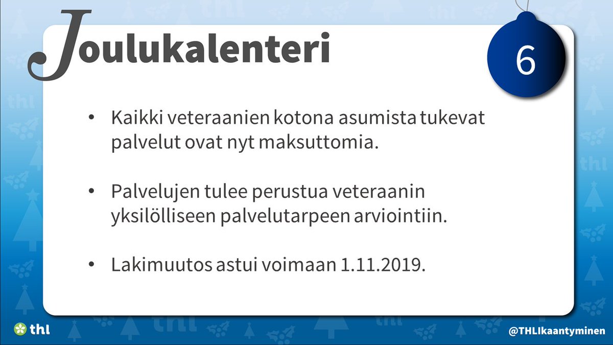 THLIkaantyminen's tweet photo. 🎀 Itsenäisyyspäivän kunniaksi muistamme sotiemme veteraaneja. Heitä on Suomessa noin 10 000 ja keski-ikä heillä on jo 94 vuotta. 
Lue veteraanien edunvalvontatyöstä: https://t.co/KJjsmsdaiv

Hyvää itsenäisyyspäivää! 🇫🇮

#iäkkäidenjoulu #joulukalenteri #itsenäisyyspäivä https://t.co/LB1rAxnRdV