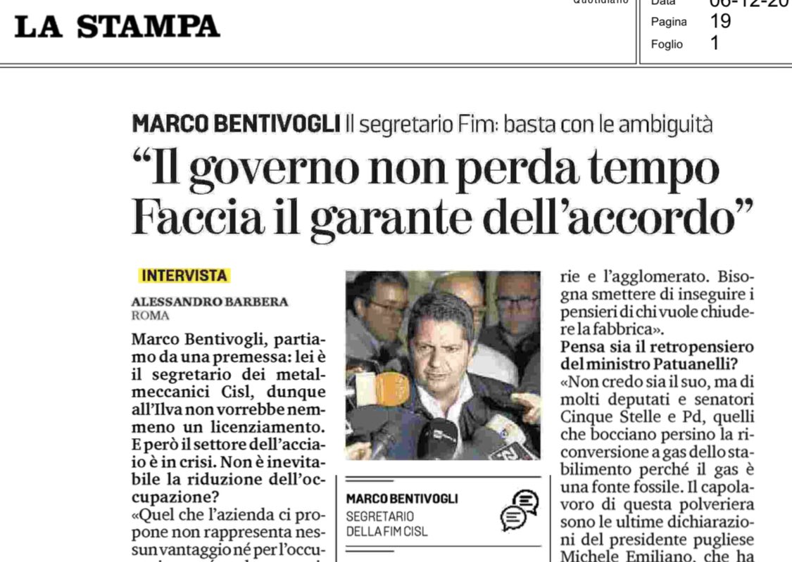 #Ilva 👉🏻 <a href="/alexbarbera/">Alessandro Barbera</a> intervista #Bentivogli - La proposta di #ArcelorMittal non giova a nessuno, #Emiliano,che ha definito i sindacati “fan dei tumori”, continua a cambiare posizione: #Governo si chiarisca le idee e torni al tavolo con noi e azienda ripartendo dal piano del 2018