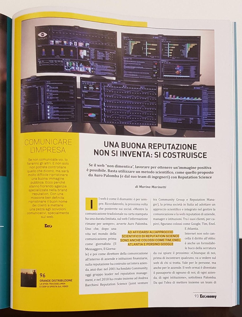 Rep_Science's tweet photo. "Con #ReputationScience, partendo dallo status quo del cliente su #internet, abbiamo l'obiettivo di portarne l'immagine in positivo il più possibile, dove positivo non significa falso"
🗞️Marina Marinetti di @Economy_Mag intervista il nostro Chairman @auropalomba https://t.co/jv0xePoJws