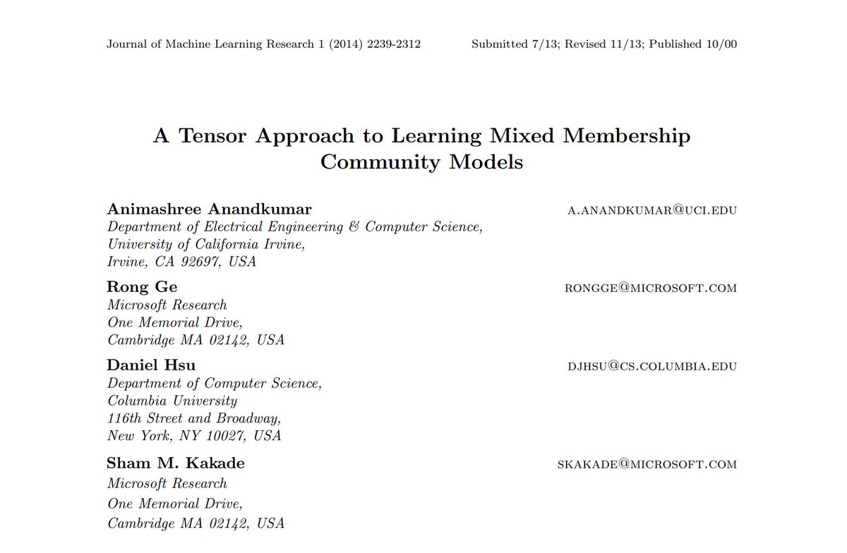 [#FridayWiMLDSPaper 📜 curated by <a href="/MrsCaroline_C/">Caroline Chavier</a> &amp; <a href="/MarieSacksick/">Marie Sacksick</a>] "A Tensor Approach to Learning Mixed Membership Community Models" by <a href="/AnimaAnandkumar/">Prof. Anima Anandkumar</a>, Rong He, <a href="/djhsu/">daniel hsu</a> &amp; Sham M. Kakade bit.ly/33OnLjy #WiMLDSParis #WiMLDS #WomeninSTEM #TensorMethods