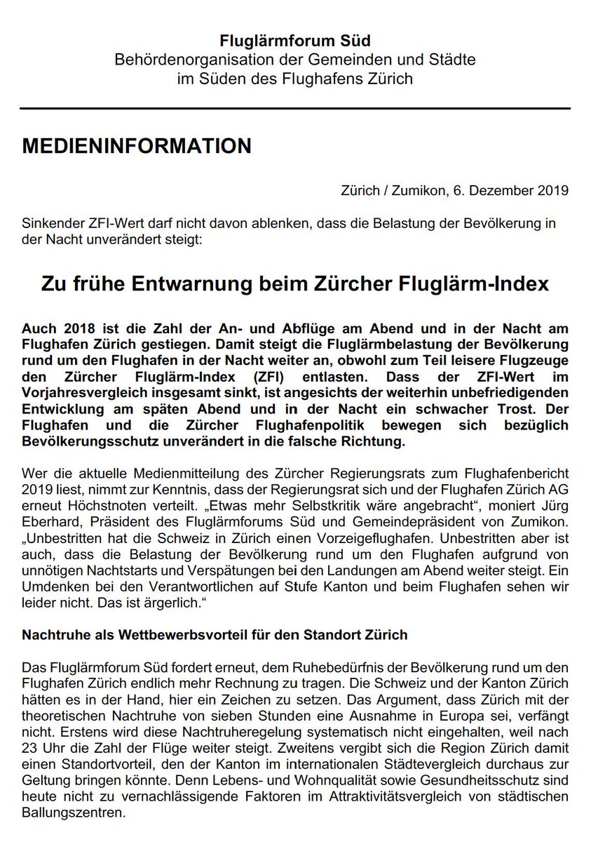 Zürcher Fluglärm-Index 2018: Zürcher Regierungsrat entwarnt zu früh. Eine funktionierende Nachtruhe wäre ein Standortvorteil für Zürich. Flughafen und Zürcher Flughafenpolitik bewegen sich beim Bevölkerungsschutz unverändert in die falsche Richtung. Ärgerlich. #vd_zuerich #BAZLch