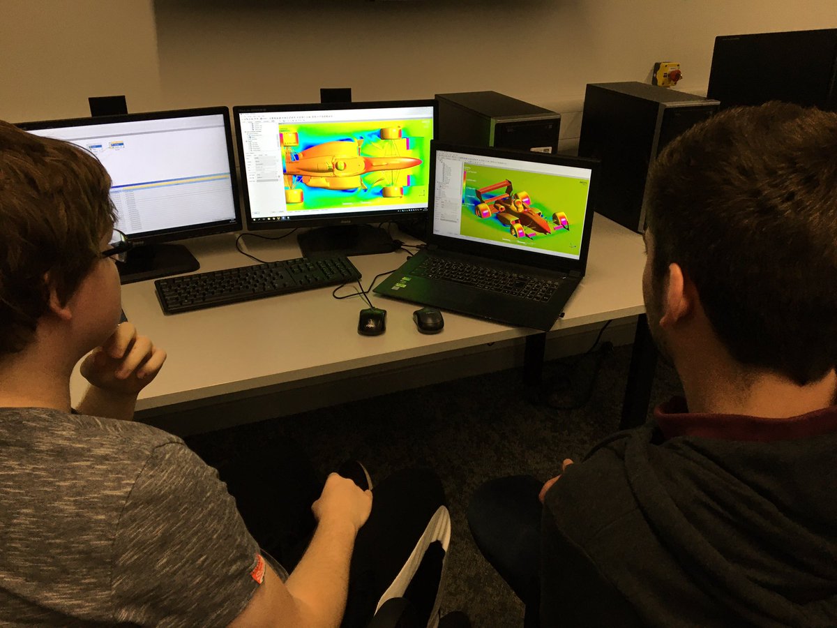 RedMistRacing's tweet photo. @UWTSD Motorsport Engineering students who are part of the Aerodynamics Working Group assessing impact to changes to bargeboard design on a Dallara Sprint car through @ANSYS CFD models this morning. https://t.co/qoESSkUuPu