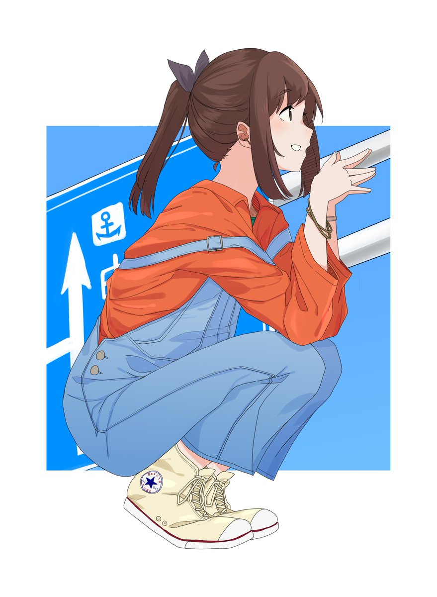 i-401 (kancolle) 1girl solo brown hair overalls ponytail shirt shoes  illustration images