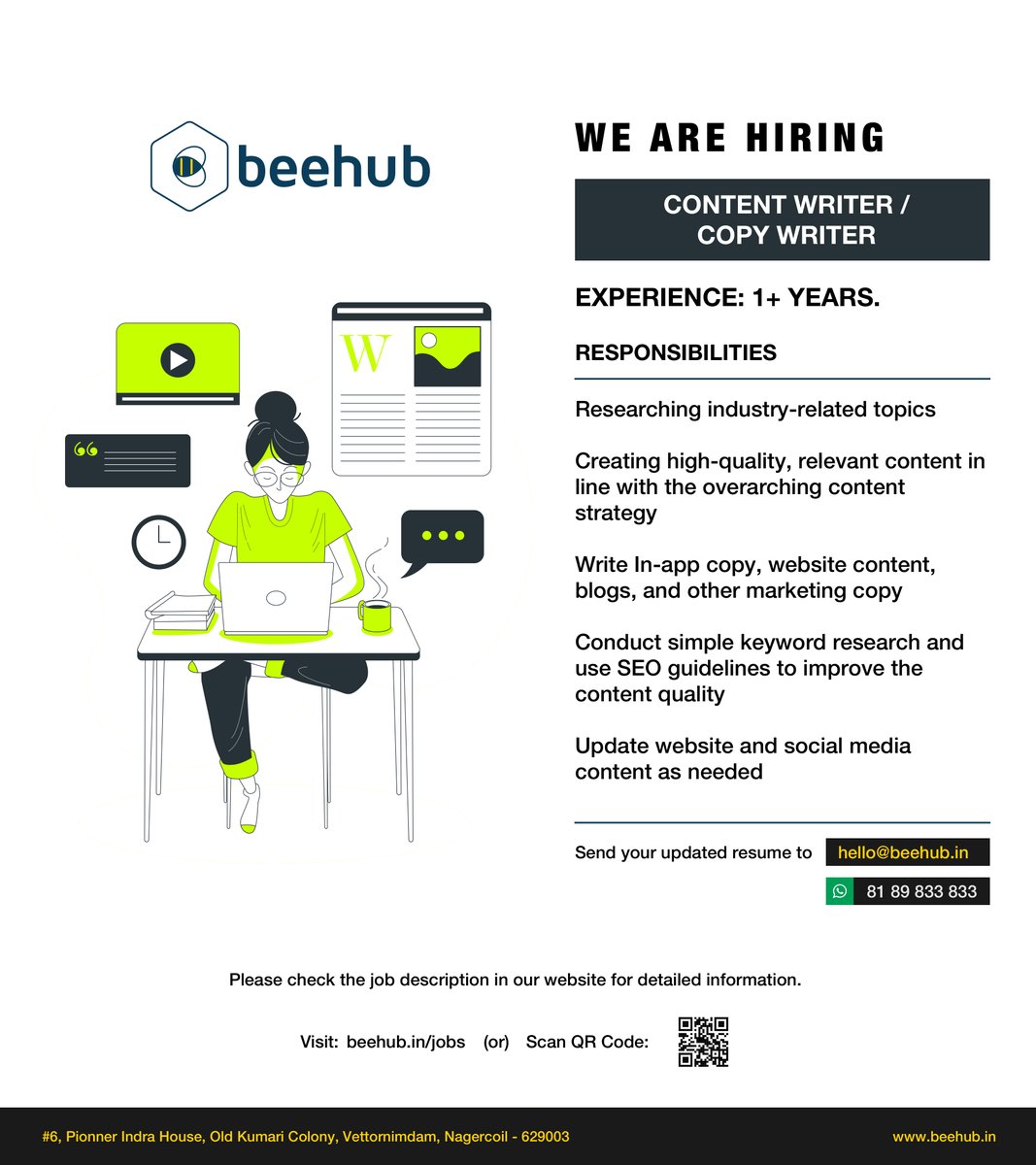 BeeHubSolutions's tweet photo. We are looking for content writers who are good at writing any form of web materials and interested to join us. Please check our website for more details.
https://t.co/Ry4GVdOP1z

#urgenthiring #contentwriterjobs #beehubjobs #nagercoiljobs #jobopenings #beehub #nagercoil https://t.co/XCRK4o1c0Q