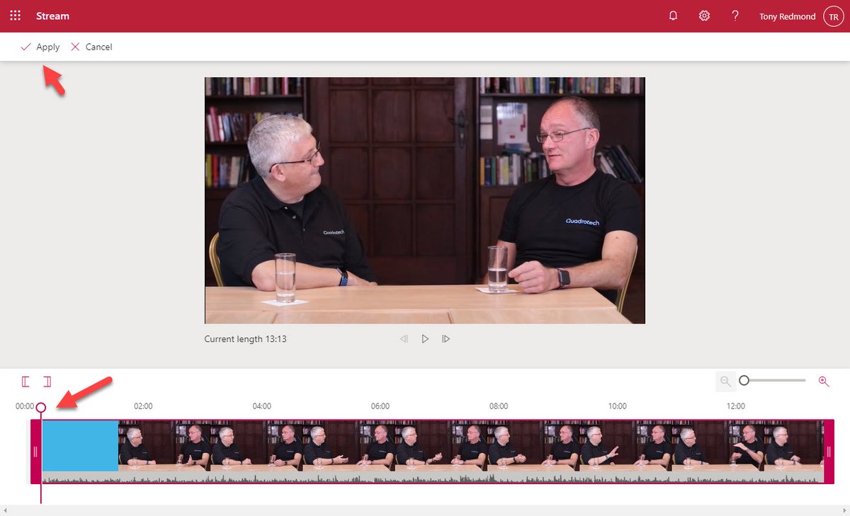 .<a href="/Office365/">Office 365</a> Stream now has the ability to trim excess bits from the start and end of videos (nothing can be removed in the middle). It's a primitive but useful editing feature, especially to clean up recordings of #MicrosoftTeams meetings. #Office365   office365itpros.com/2019/12/06/tri…