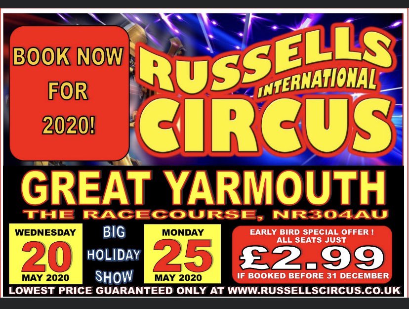 Massive Early bird Christmas present, all seats just £2.99 until End of Jan, book now at russellscircus.co.uk/tickets