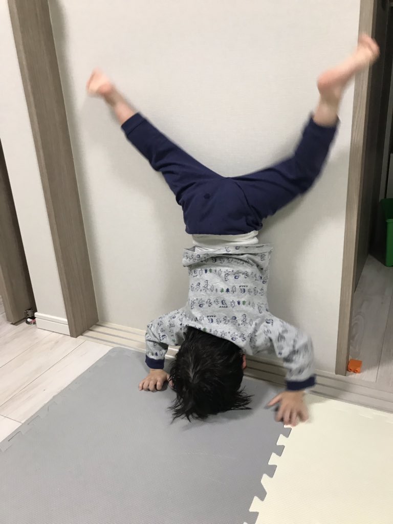 たたらしょうご 3歳の息子 壁で逆立ちをちょっと教えたら いきなり両手離して 顔面で逆立ちし始めた 笑 まじ焦った それはパパもできないぞ 笑 でもあとちょっとだね 器械体操 息子
