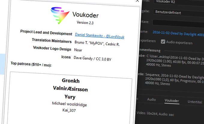 LordVouk's tweet image. Let's welcome #voukoder 2.3! Please read the release notes bit.ly/2Lr4rlY, there are some big changes. Key features: @MAGIX_INT @magix_DE #VEGASPro support, Reworked HDR output, fixed alot of bugs. Muchas gracias to all supporters! (#1: @Gronkh)